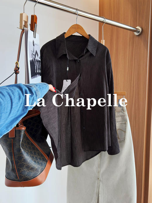 专柜实拍【亚麻+棉/透气舒适】拉夏贝尔/La Chapelle轻奢质感复古翻领排扣别致压皱气质老钱风长袖衬衣 商品图4