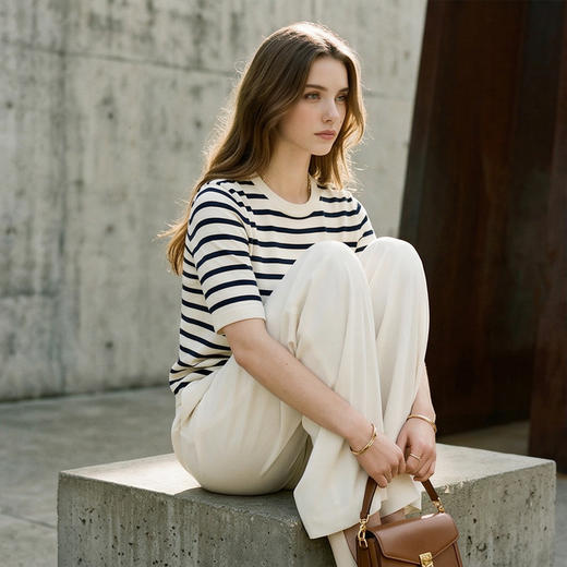 King Deer/鹿王春夏女士休闲时尚圆领短袖针织条纹衫L804022拼色 商品图6