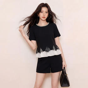 奢姿大码女装2026夏季胖妹妹钻饰领拼接蕾丝套装气质通勤两件套9962953620