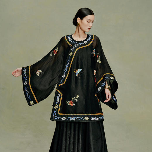 【林栖设计小店】月夜清影|黑色复古绣花2026夏新款衬衣改良氅衣1962079 商品图8
