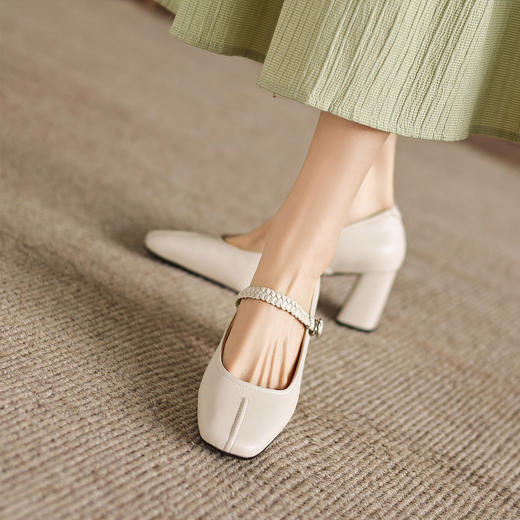 阿么手工女鞋春季编织一字带玛丽珍鞋配裙子法式方头单鞋女6.5CM 商品图2