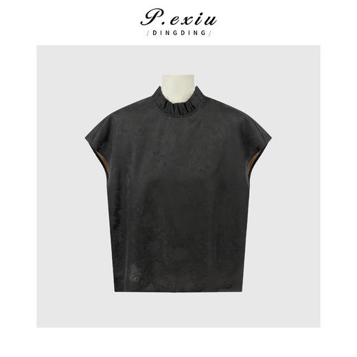 PanYiXiu/潘依绣【绮夜】100%桑蚕丝素绉缎香云纱暗纹遂褶无袖上衣AB26155 商品图0