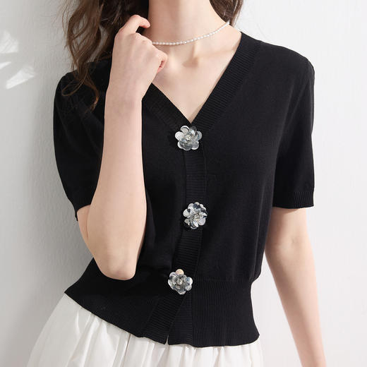 三彩2026夏季新款立体花朵针织衫V领短袖正肩毛衫莱赛尔短款M 商品图2