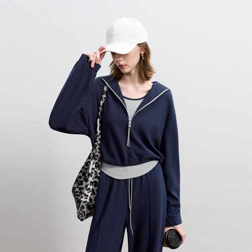 三彩2026春季新款休闲三件套海军领外套T恤直筒裤套装长裤M 商品图1