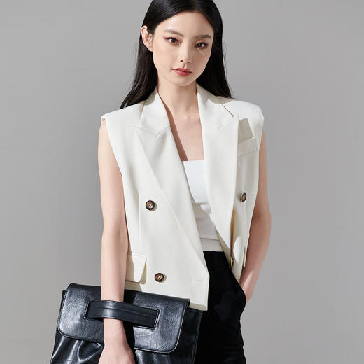 剩L/XL 芳外2026春季新款黑色百搭双排扣无袖外套女宽松休闲短款马夹0092 商品图2