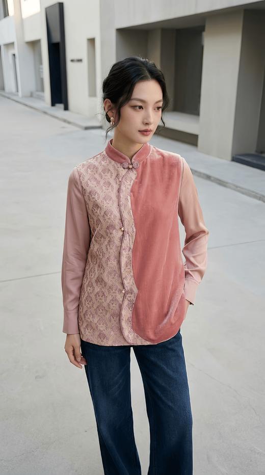 轻国风立领拼色弧形斜襟马甲 商品图3