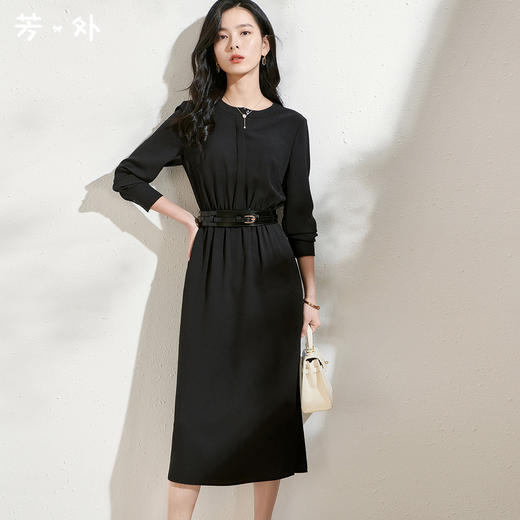 剩S 芳外新款纯色简约长袖中长裙气质通勤收腰显瘦连衣裙8T22AL0027 商品图0