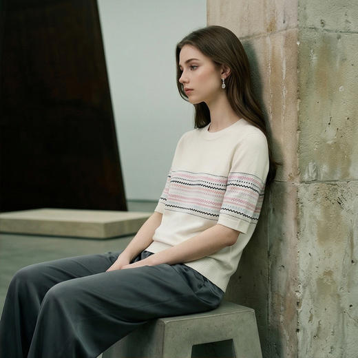 King Deer/鹿王撞色条肩扣针织T恤圆领显瘦舒适上衣早春L805045 商品图6