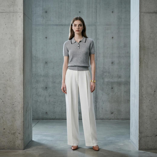 PALUOPO/PL羊毛亚麻混纺坑条 POLO 衫撞色翻领针织短袖ES250951M 商品图10