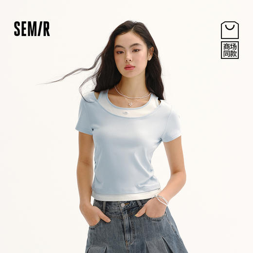 商场同款|森马短袖T恤女夏季短款修身假两件2026新款百搭显瘦上衣 商品图0