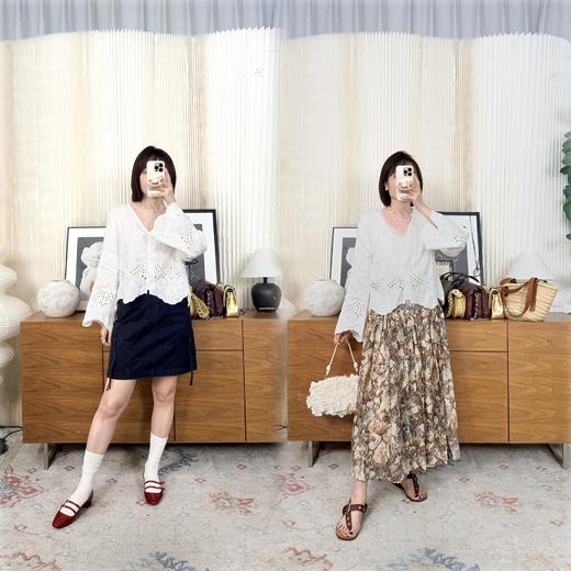 售罄不补｜摩纳哥之旅100天然亚麻V领法式长袖小衫 镂空刺绣重磅工艺 南法氛围感 商品图0