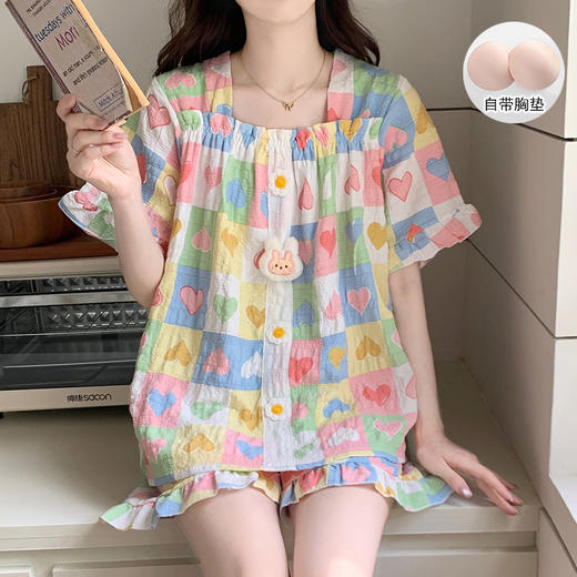 【自带胸垫】公主风睡衣女夏季薄款带胸甜美碎花短袖短裤宽松可外穿家居服套装。rh 商品图2