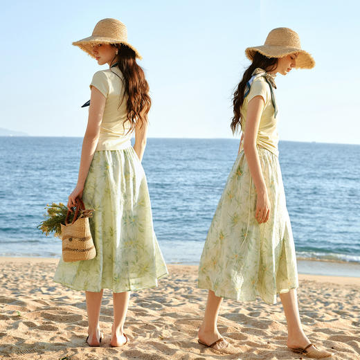 欧芮儿法式印花设计2026年新款夏季女绿色度假风抽绳收腰时尚套装 商品图3