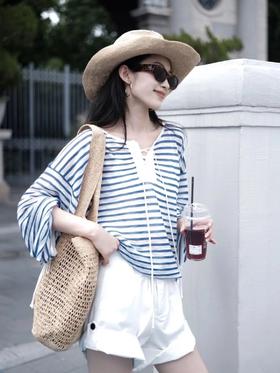 【蚕丝羊毛绑带罗马领条纹上衣】春夏可当防晒软糯亲肤，度假通勤都能穿WD