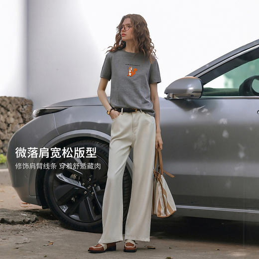 欧芮儿2026年新款夏季字母绣花设计上衣灰色圆领简约休闲短袖T恤 商品图2