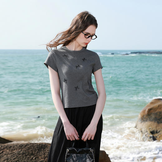 三彩2026夏季新款蝴蝶结T恤修身短款圆领正肩短袖套头衫上衣M 商品图1