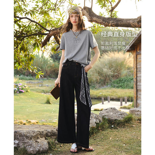 欧芮儿2026年新款夏季纯棉灰色休闲宽松上衣印花设计圆领短袖T恤 商品图1