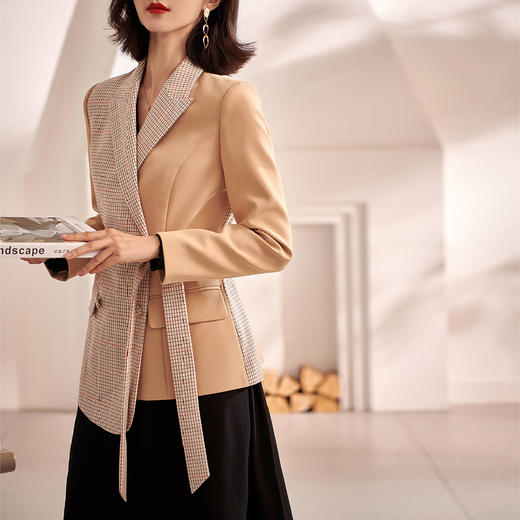 剩S/M/L/XL 米思阳复古格子时尚拼接西服气质显瘦西装外套女1W21AX0574 商品图3