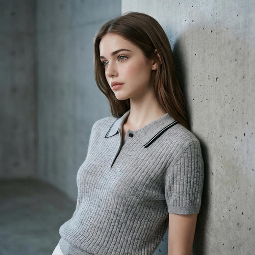 PALUOPO/PL羊毛亚麻混纺坑条 POLO 衫撞色翻领针织短袖ES250951M 商品图3