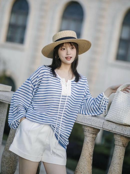 【蚕丝羊毛绑带罗马领条纹上衣】春夏可当防晒软糯亲肤，度假通勤都能穿WD 商品图3