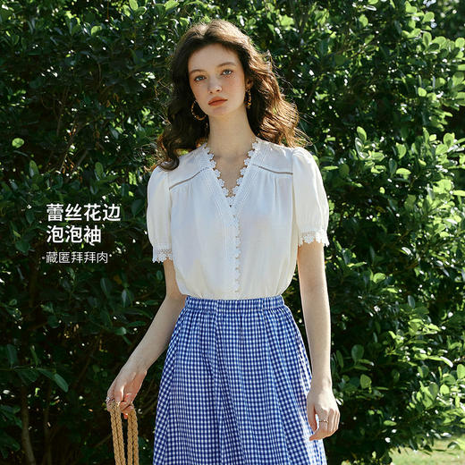 欧芮儿莱赛尔衬衣2026年新款夏季白色法式蕾丝拼接V领短袖衬衫女 商品图0