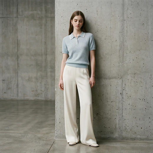 PALUOPO/PL羊毛亚麻混纺坑条 POLO 衫撞色翻领针织短袖ES250951M 商品图5