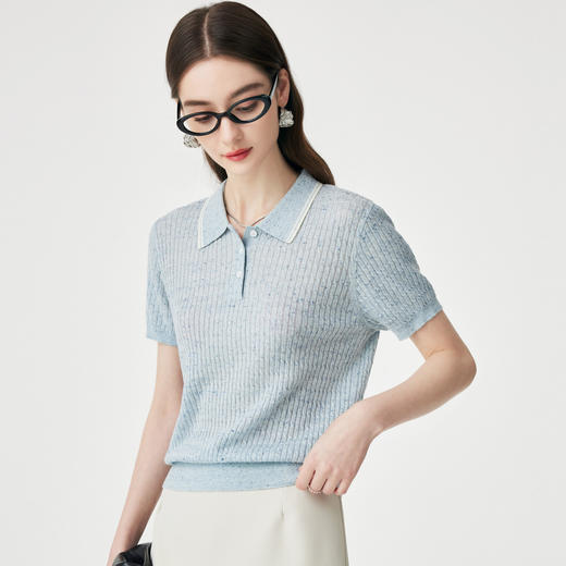 PALUOPO/PL羊毛亚麻混纺坑条 POLO 衫撞色翻领针织短袖ES250951M 商品图12