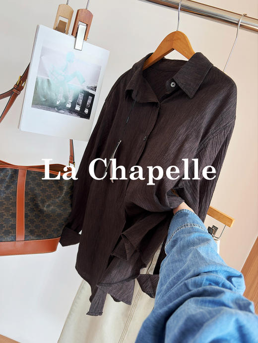 专柜实拍【亚麻+棉/透气舒适】拉夏贝尔/La Chapelle轻奢质感复古翻领排扣别致压皱气质老钱风长袖衬衣 商品图5