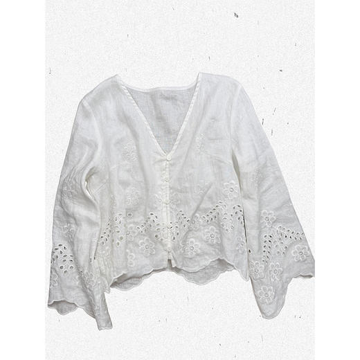 售罄不补｜摩纳哥之旅100天然亚麻V领法式长袖小衫 镂空刺绣重磅工艺 南法氛围感 商品图5