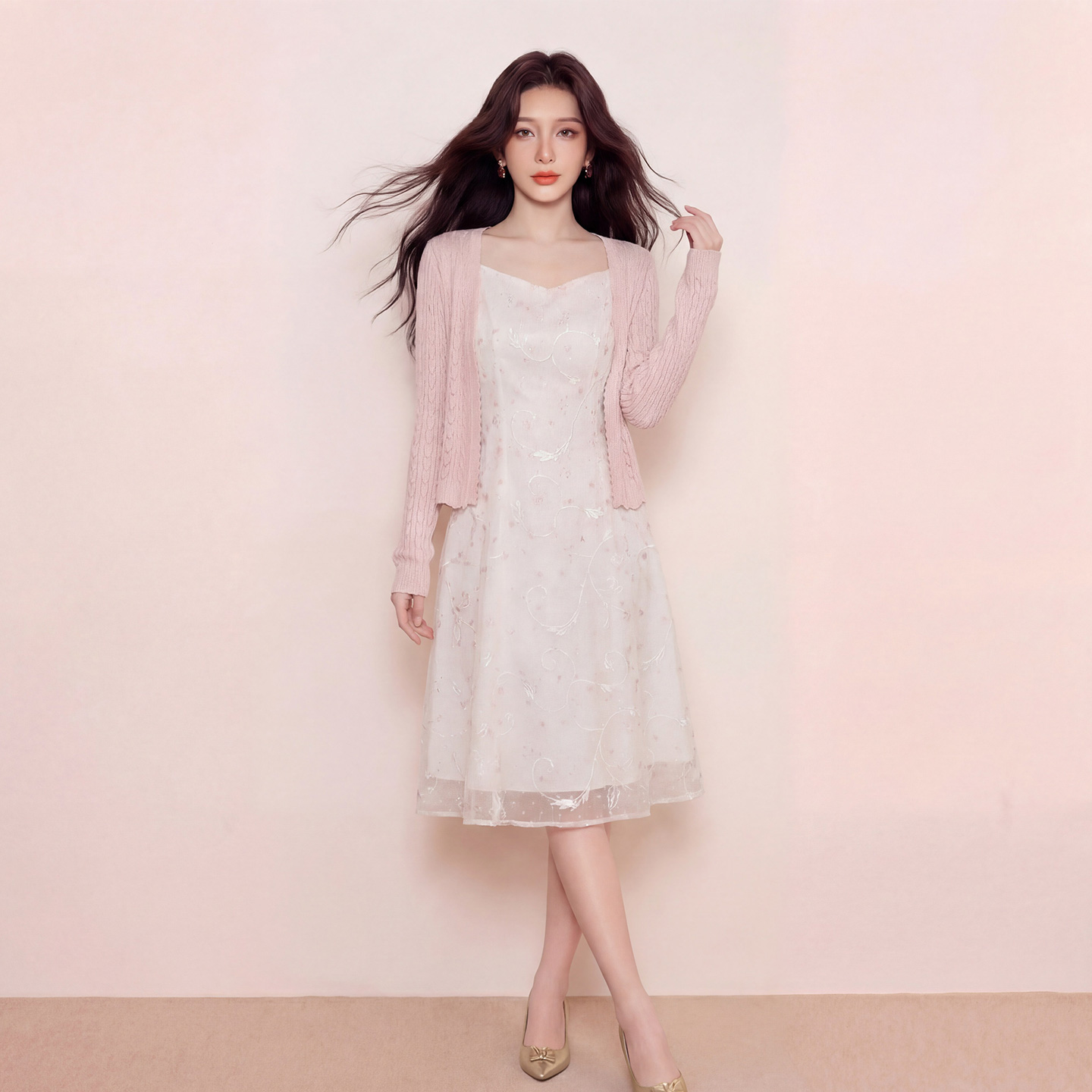 奢姿大码女装2026夏季胖妹妹针织开衫温柔粉蕾丝吊带裙套装两件套9962960029AB