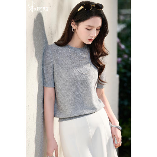 米思阳2026春季新品简约灰色短袖针织衫宽松舒适亮片上衣女1087 商品图0