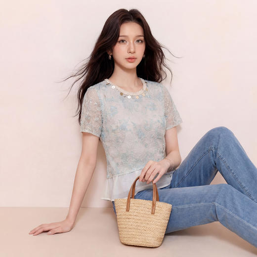 奢姿大码女装2026夏季胖妹妹时尚拼接提花上衣气质减龄清新小衫9962254513 商品图2