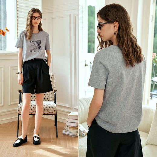 欧芮儿2026年新款夏季印花设计纯棉圆领宽松灰色休闲简约短袖T恤 商品图2