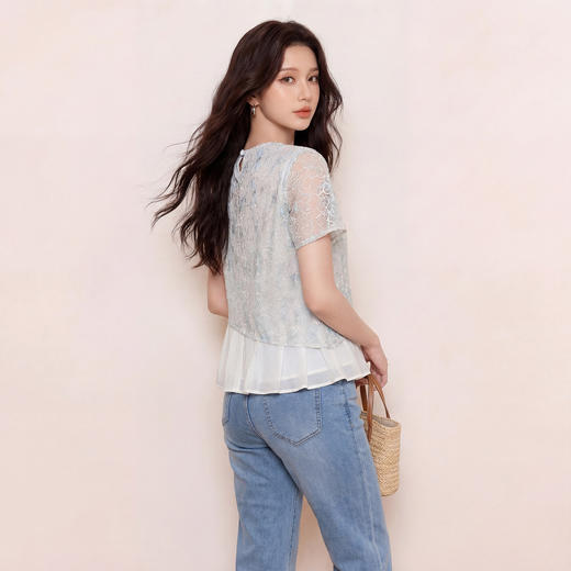 奢姿大码女装2026夏季胖妹妹时尚拼接提花上衣气质减龄清新小衫9962254513 商品图3