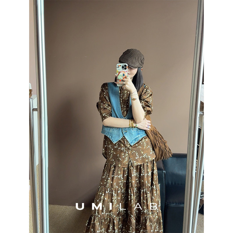 UMILAB｜梧桐树*100%砂洗桑蚕丝立领衬衫+松紧腰半裙复古印花套装BE292V