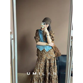 UMILAB｜梧桐树*100%砂洗桑蚕丝立领衬衫+松紧腰半裙复古印花套装BE292V