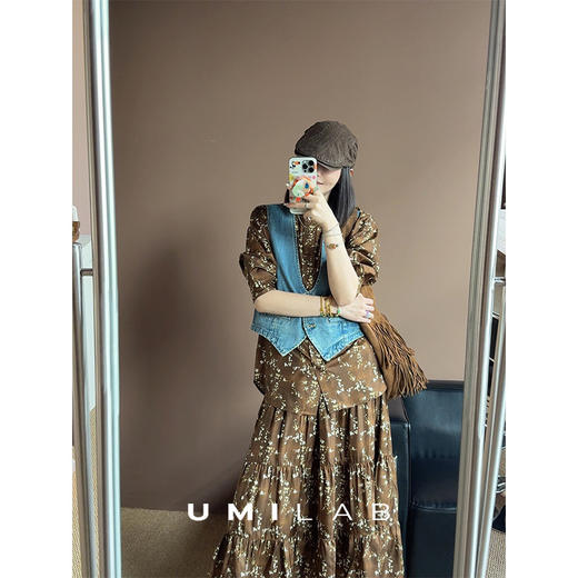 UMILAB｜梧桐树*100%砂洗桑蚕丝立领衬衫+松紧腰半裙复古印花套装BE292V 商品图0