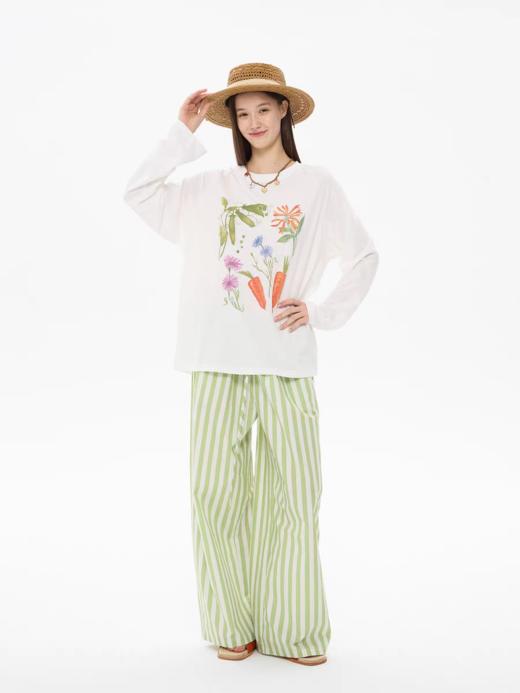 heris/H61131/“氧气”草绿条纹 抽绳松紧腰休闲 宽松直筒阔腿裤 商品图1