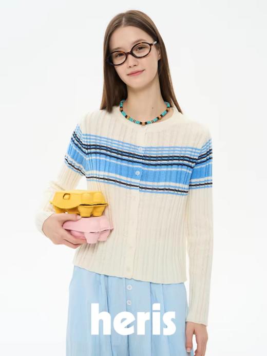 heris/H61101/“航海假日”海军蓝条纹 坑条提花显瘦羊毛针织开衫 商品图0