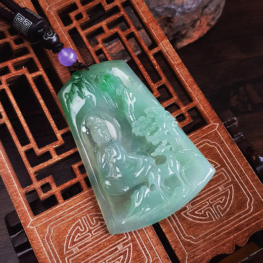 【天然正品】A货翡翠天然精品无纹裂冰种飘阳绿观音无事牌翡翠（吉祥、如意）吊坠项链70.7*48.5*6.0MM（皆取最大值）060326NJS13 商品图8
