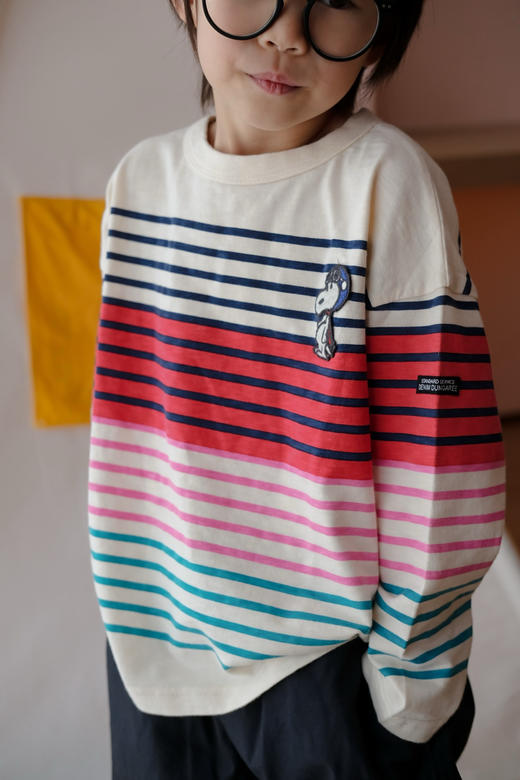 【小大人舒适圈】2026春季D日系儿童竹节棉！史奴狗刺绣满印彩色条纹圆领长袖T恤！ 商品图0