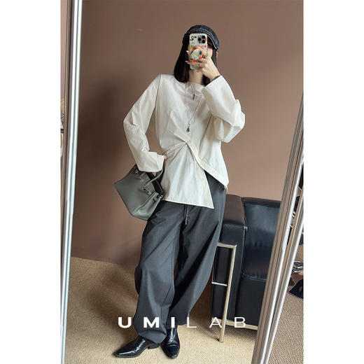 UMILAB｜错位时空*原创异形立体斜裁 100%精梳棉捏褶圆领条纹衬衫H1330V 商品图3
