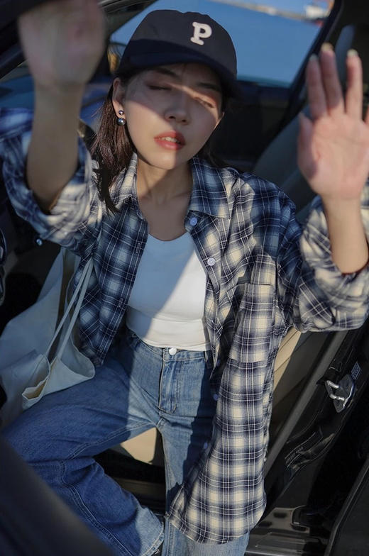 春秋磨毛韩国订单美翻格子控衬衫外套开衫 商品图3