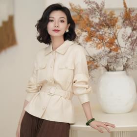 西子/沙丘莱赛尔亚麻腰带收腰杏色老钱风设计感外套/WTHY0113