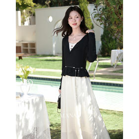 鹿向南「南栀清禾」假两件黑色收腰连衣裙女春季新款显瘦A字长裙