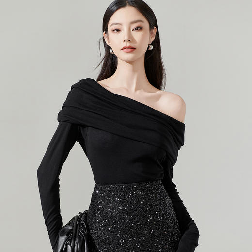剩S/M/L/XL 米思阳新款气质荡领露肩款薄款T恤洋气纯色打底衫女8T24AT0024 商品图1