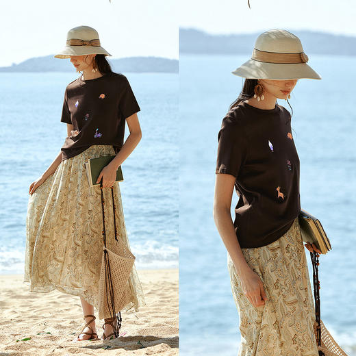 欧芮儿2026新款夏季通勤风质感休闲百搭咖色重工刺绣圆领短袖T恤 商品图2