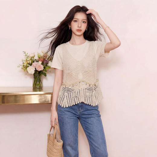 奢姿大码女装2026夏季减龄镂空设计两件套胖妹妹圆领休闲时尚套装9962954626 商品图1