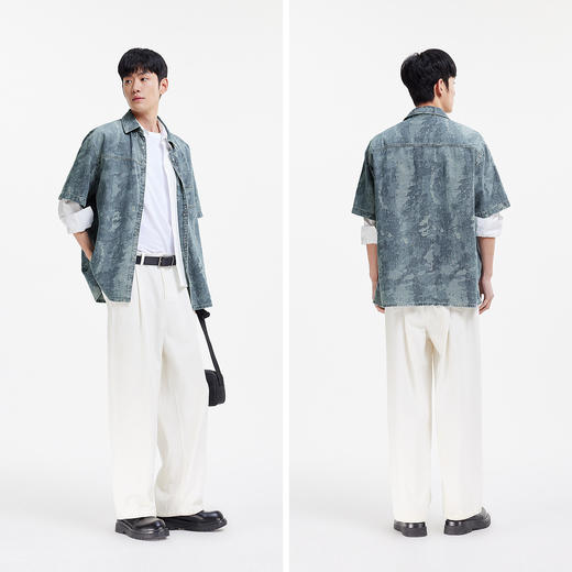 森马短袖衬衫男夏季纯棉宽松迷彩牛仔外套时髦潮流个性短袖上衣 商品图4