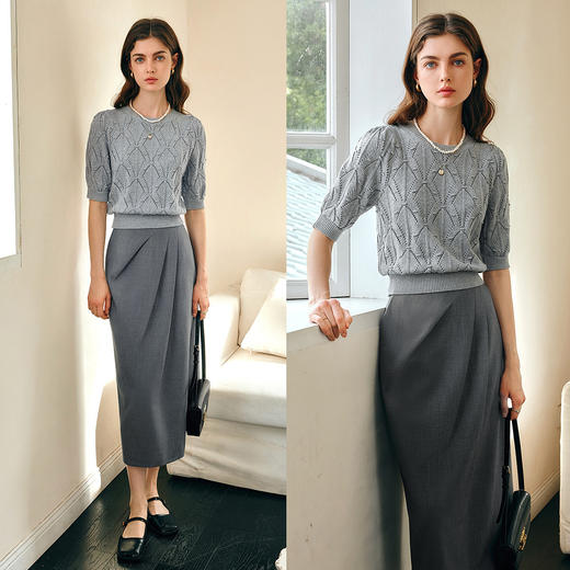 欧芮儿复古2026年新款夏季灰色圆领收腰镂空设计通勤套头毛针织衫 商品图2